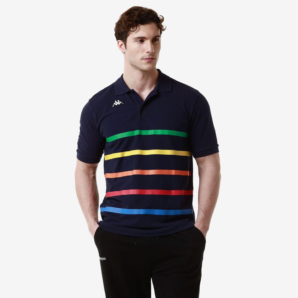 Men Kappa Logo Feystripe Polo Shirt Navy | FN3697052